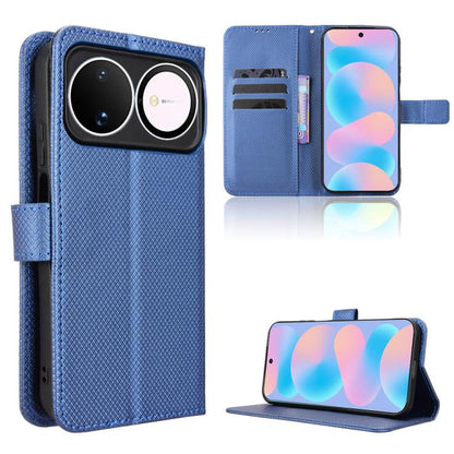 Blue diamond-texture leather folio phone case with camera cutout and side strap.