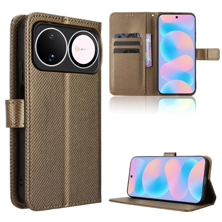 Brown diamond-texture leather folio phone case with camera cutout and side strap.