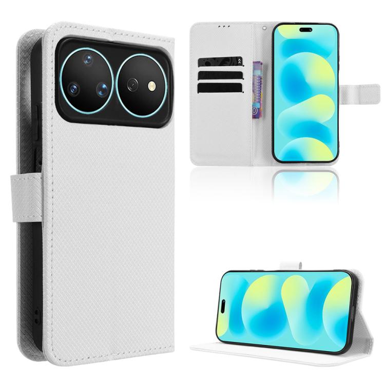 White diamond-texture leather-look flip phone case with stand and card slot