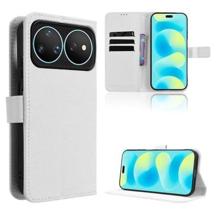 White diamond-texture leather-look flip phone case with stand and card slot