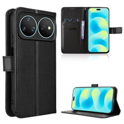 Black diamond-texture leather-look flip phone case with stand and card slot