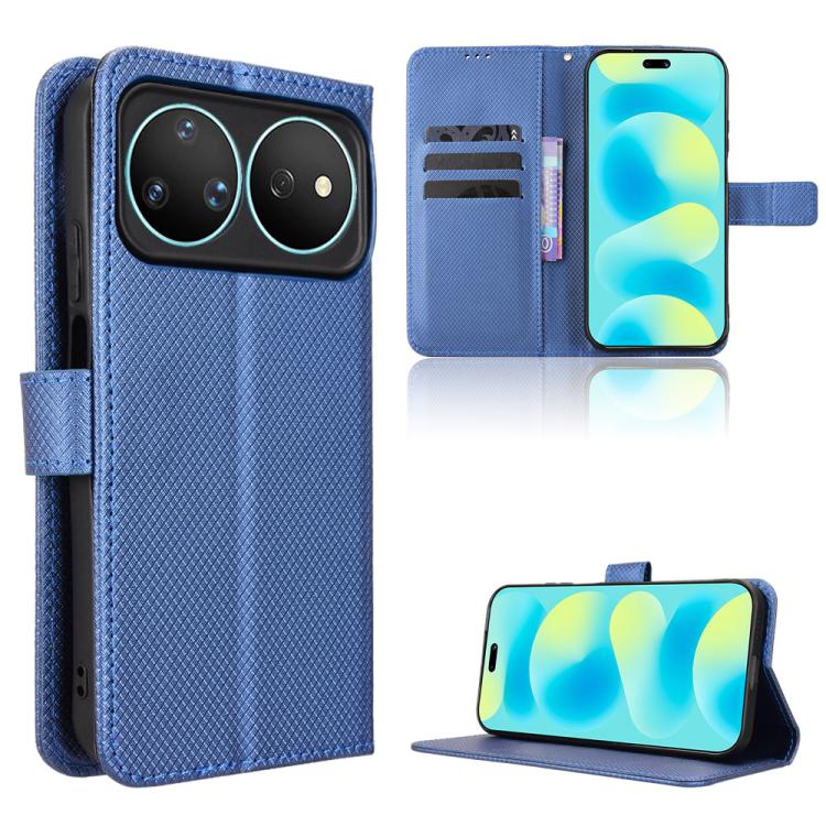 Blue diamond-texture leather-look flip phone case with stand and card slot