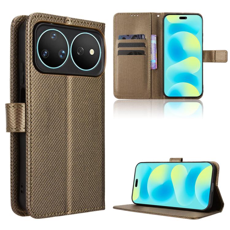 Brown diamond-texture leather-look flip phone case with stand and card slot