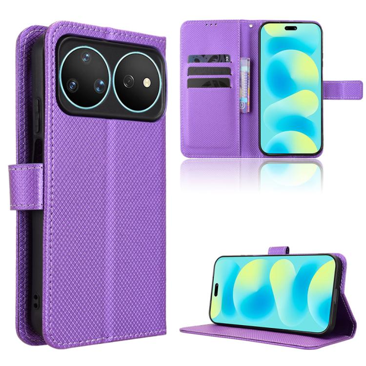 Purple diamond-texture leather-look flip phone case with stand and card slot