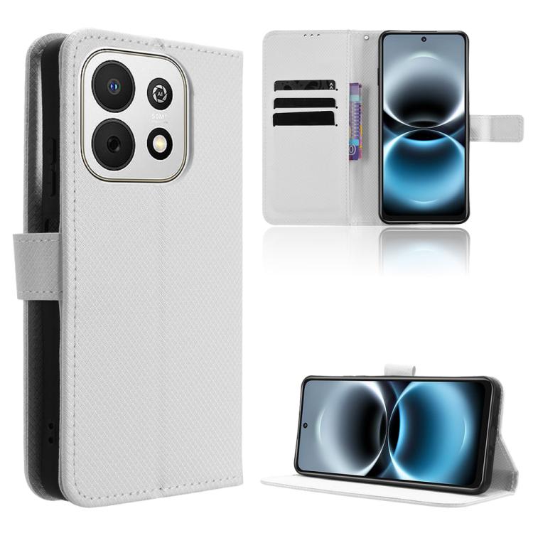 White diamond-texture leather-look flip phone case with stand and card slot