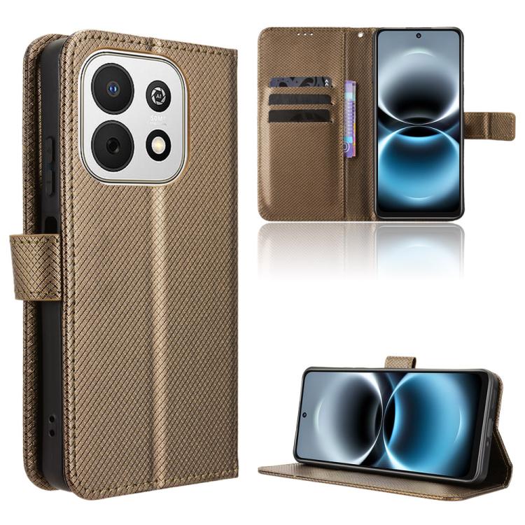 Brown diamond-texture leather-look flip phone case with stand and card slot