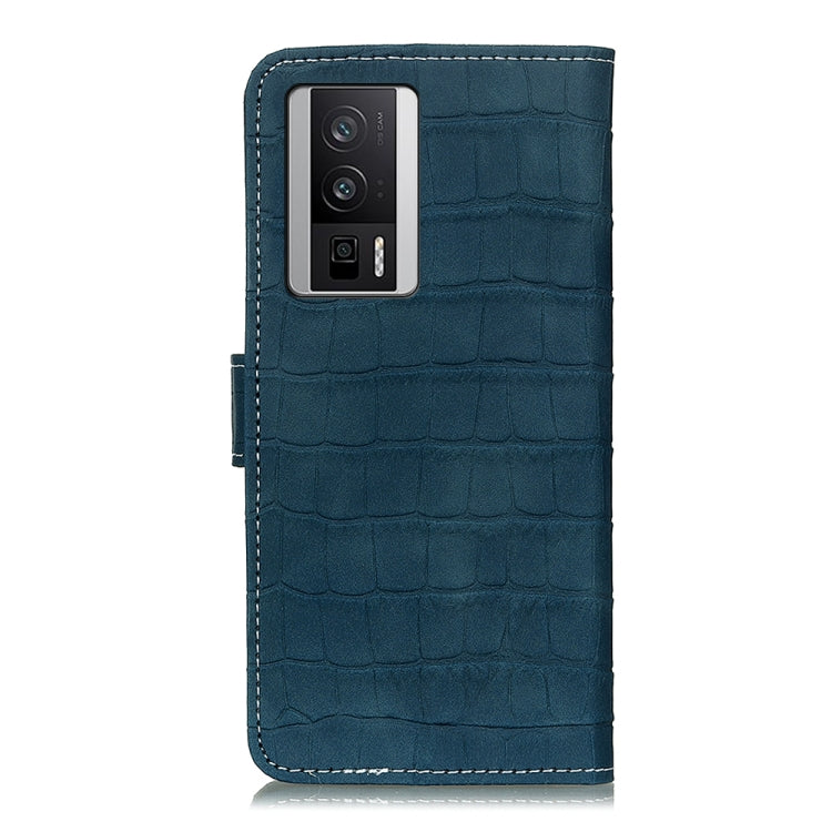 Teal crocodile-texture leather phone case back with camera cutout and button access.