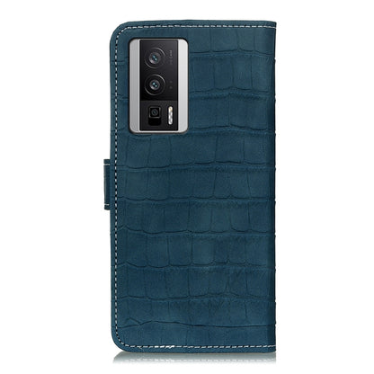 Teal crocodile-texture leather phone case back with camera cutout and button access.