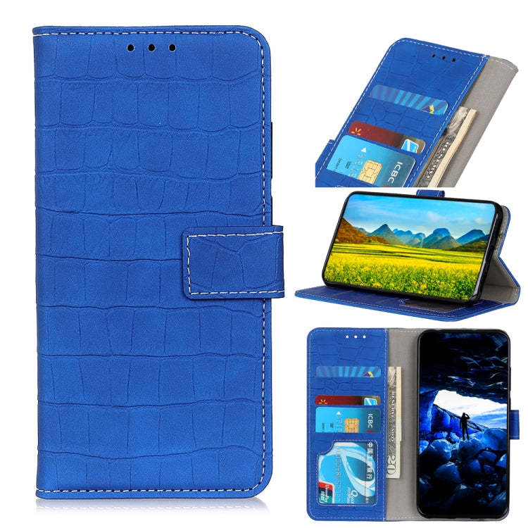 Blue crocodile-texture magnetic leather phone case with front flap and card pocket.