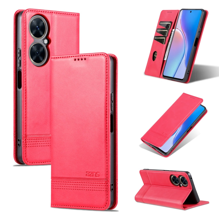 Magnetic flip leather phone case in red with card slot and front cover protection.