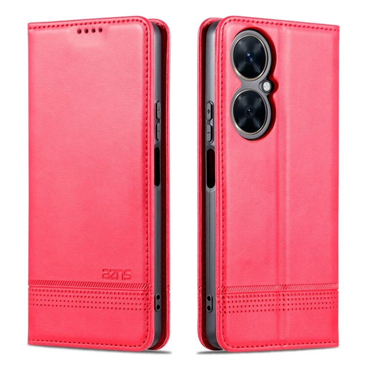 Red magnetic flip leather phone case with stitched panel and cutouts for ports.
