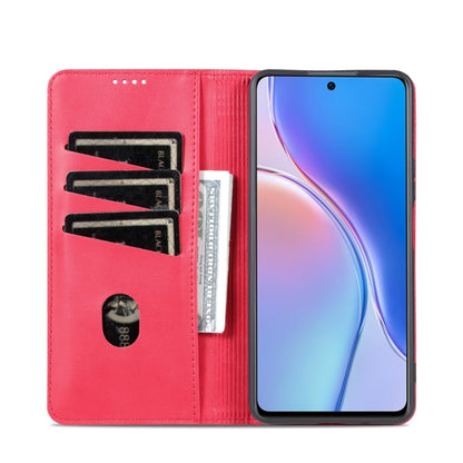 Red magnetic flip leather phone case with interior card slots and phone front protection.