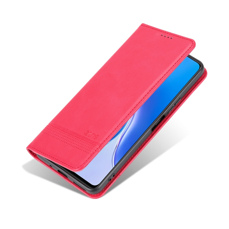 Red magnetic flip leather phone case with slim folio cover for angled viewing.
