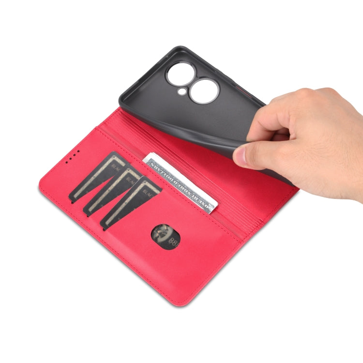 Red magnetic flip leather phone case with card slots and accessory pocket detail.