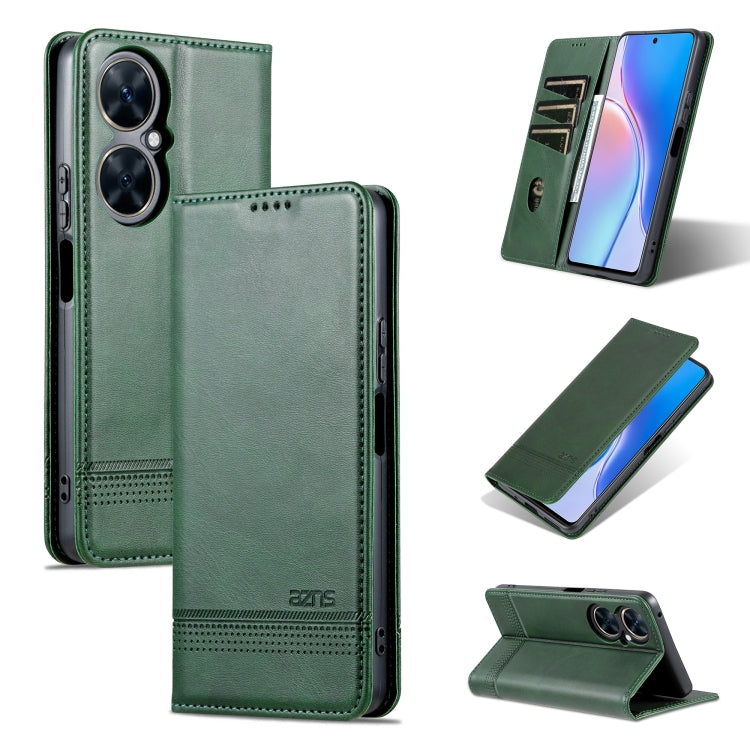 Magnetic flip leather phone case in dark green with stitched folio cover and cutouts.