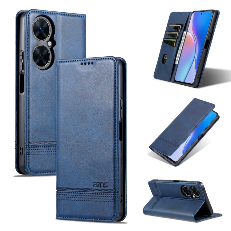 Magnetic flip leather phone case in dark blue with folio cover and front protection.