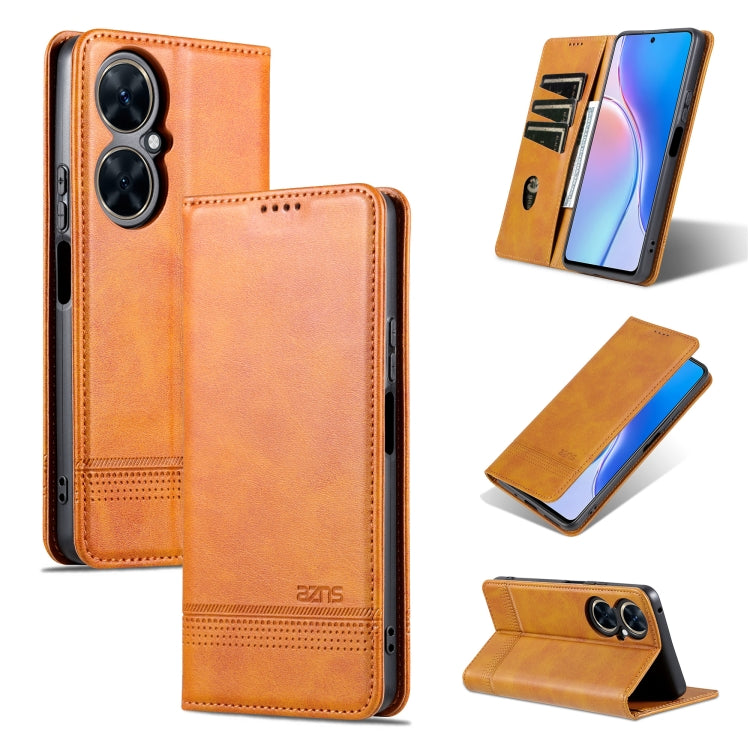 Magnetic flip leather phone case in light brown with folio cover and card-slot panel.