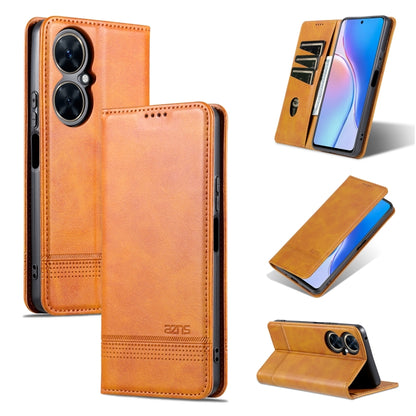 Magnetic flip leather phone case in light brown with folio cover and card-slot panel.
