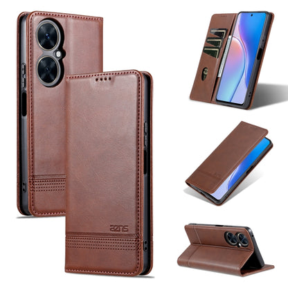Magnetic flip leather phone case, dark brown, camera cutout and stand view