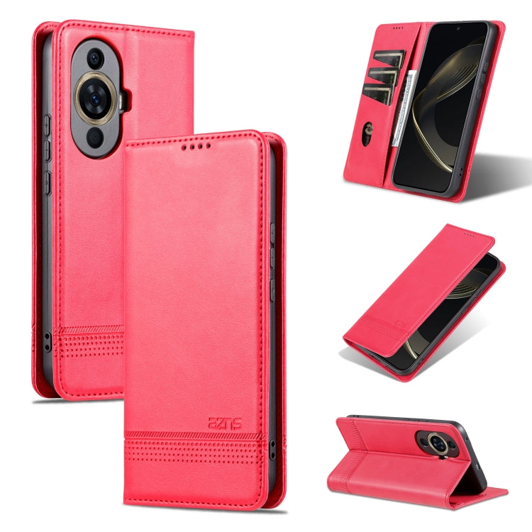 Pink magnetic flip leather phone case with textured finish and built-in kickstand