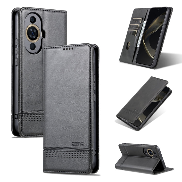 Dark gray magnetic flip leather phone case with textured finish and built-in kickstand