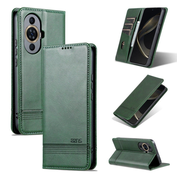 Dark green magnetic flip leather phone case with textured finish and built-in kickstand