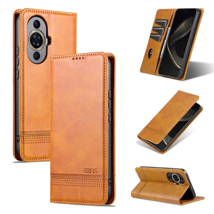 Orange magnetic flip leather phone case shown open and closed with kickstand
