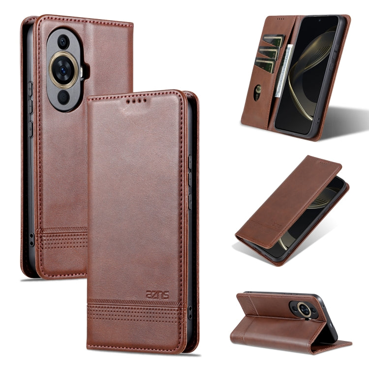 Brown magnetic flip leather phone case shown open and closed with kickstand