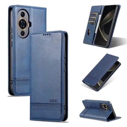 Blue magnetic flip leather phone case with textured finish and built-in kickstand
