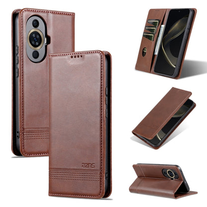 Brown magnetic flip leather phone case with textured finish and built-in kickstand