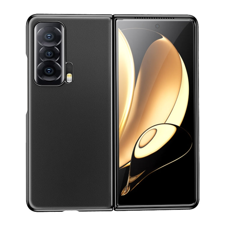 Black leather folding phone case with textured finish, camera cutout, and hinge