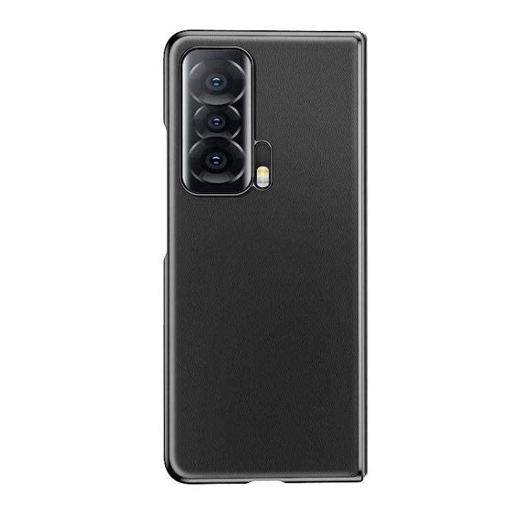 Black leather folding phone case, front folded shut, camera cutout on back