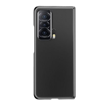 Black leather folding phone case, front folded shut, camera cutout on back