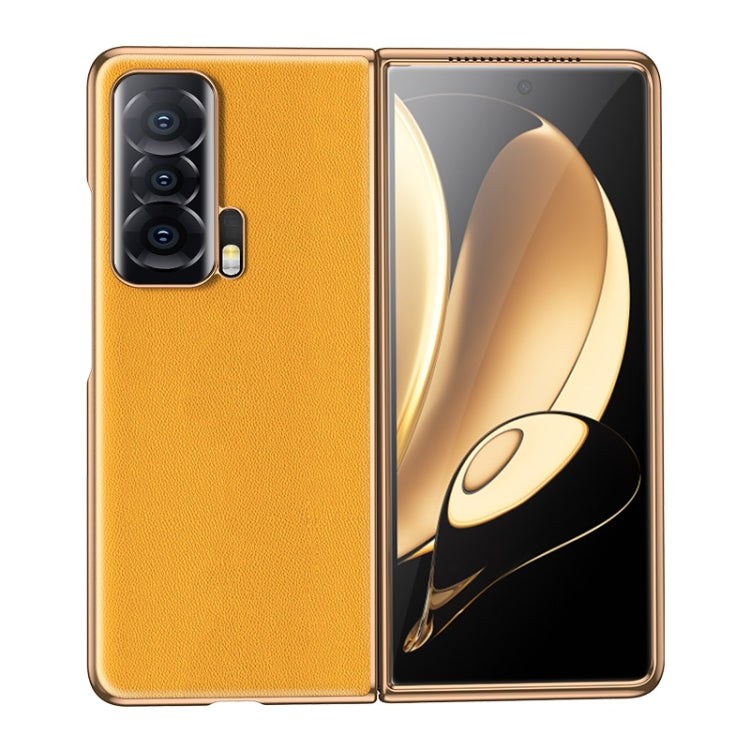Yellow leather folding phone case with textured finish, camera cutout, and hinge