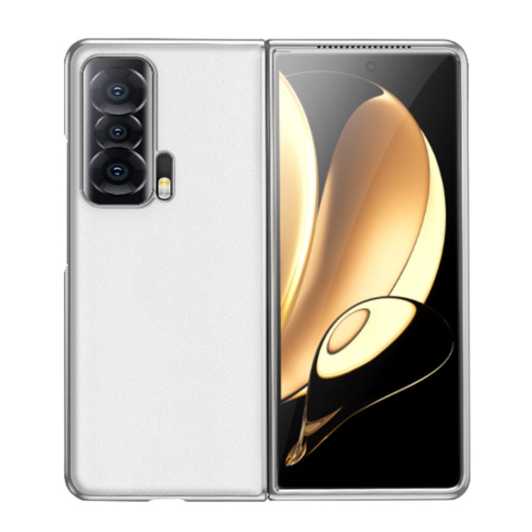 White leather folding phone case with textured finish, camera cutout, and hinge