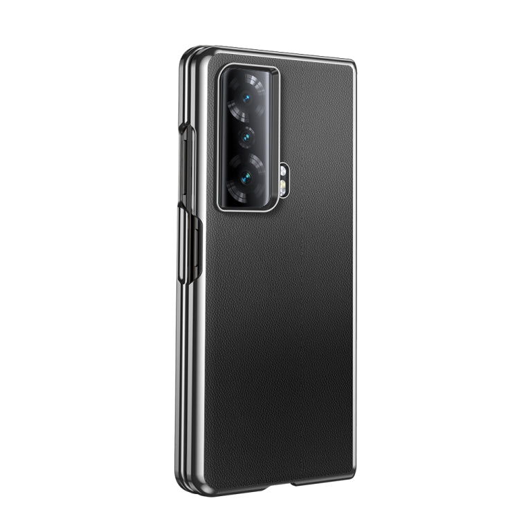 Black leather folding phone case with side edge protection and camera cutout