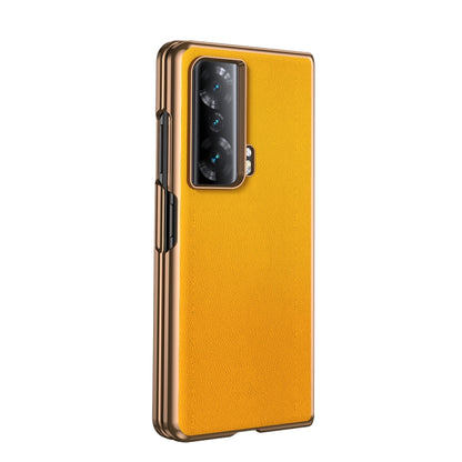 Yellow leather folding phone case with camera cutout, shown from the back