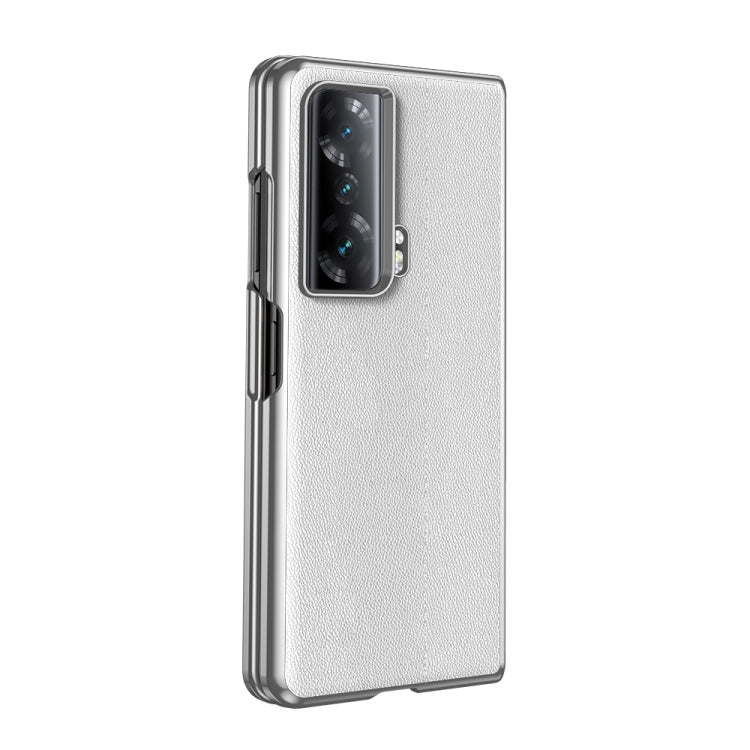 White leather folding phone case with camera cutout, shown from the side and back