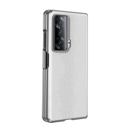 White leather folding phone case with camera cutout, shown from the side and back