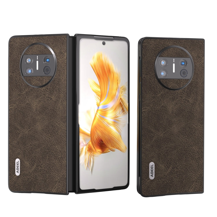 Brown ABEEL litchi-texture PU phone case, open front and closed back pair