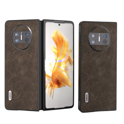 Brown ABEEL litchi-texture PU phone case, open front and closed back pair