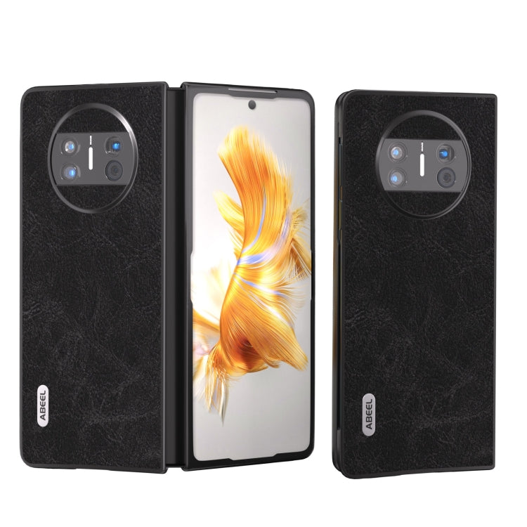 Black PU litchi-texture flip phone case with circular camera cutout, shown open