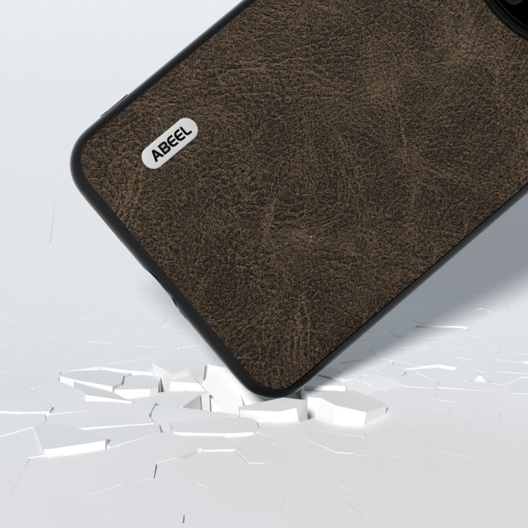 Khaki litchi-texture PU phone case corner close-up with ABEEL logo