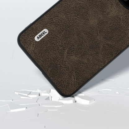 Khaki litchi-texture PU phone case corner close-up with ABEEL logo