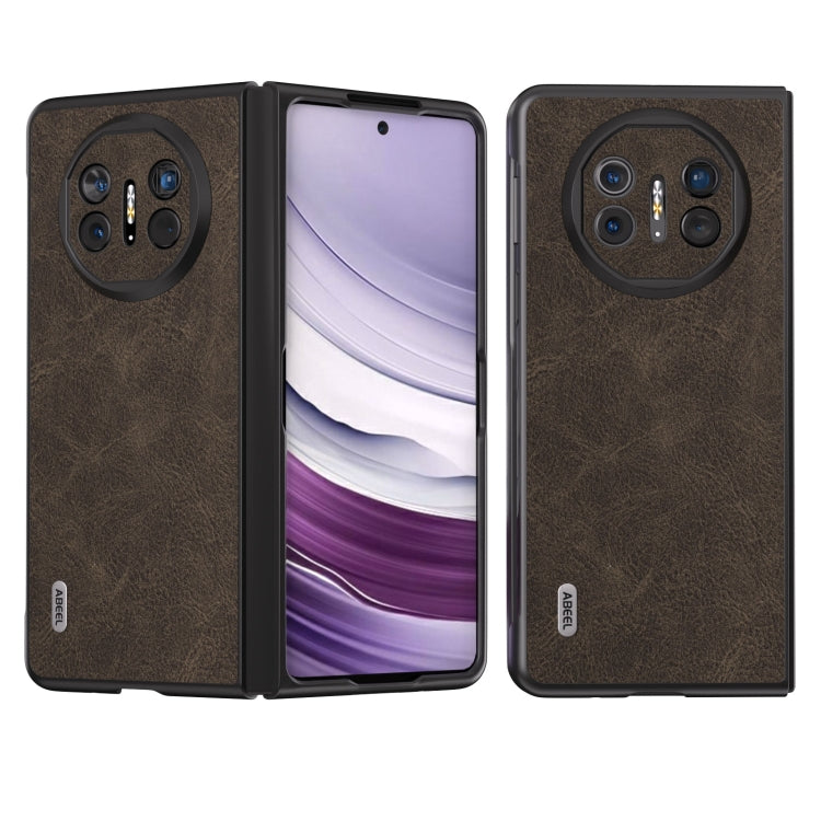 Brown ABEEL litchi-texture PU phone case, front and open view with screen cutout