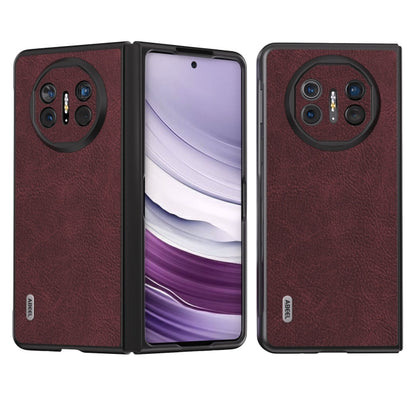 Burgundy ABEEL litchi-texture PU phone case, open front and back views
