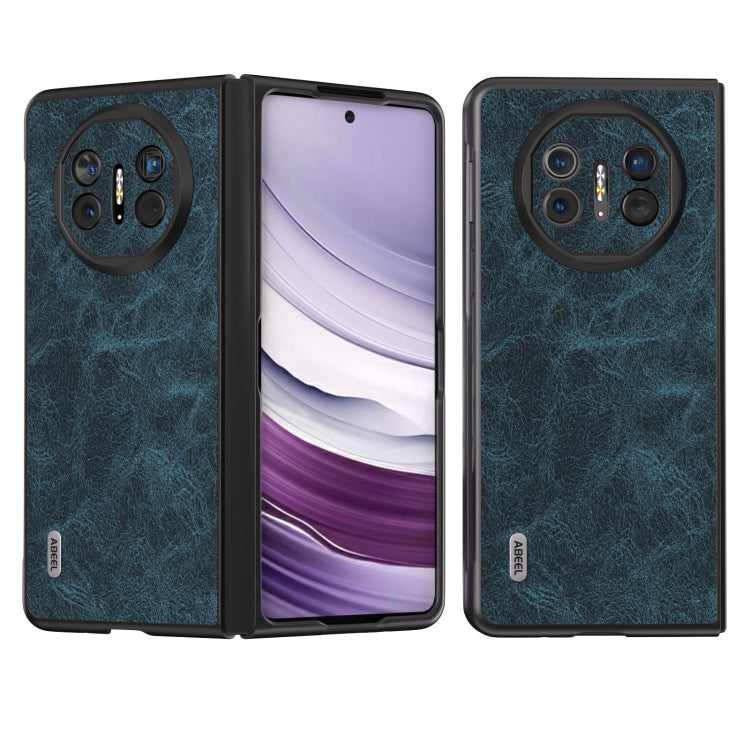 Blue PU litchi-texture flip phone case with circular camera cutout, shown open