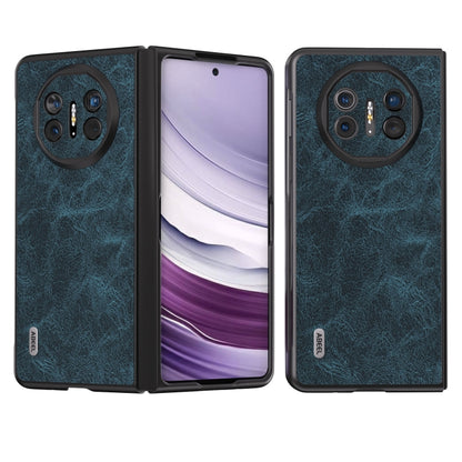 Blue PU litchi-texture flip phone case with circular camera cutout, shown open