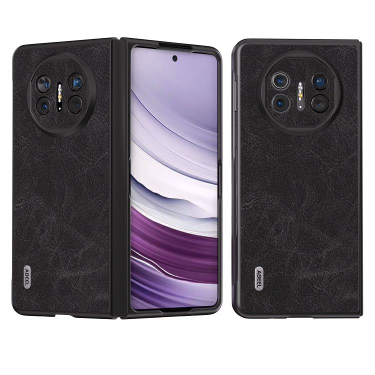 Black PU litchi-texture flip phone case with circular camera cutout, shown open