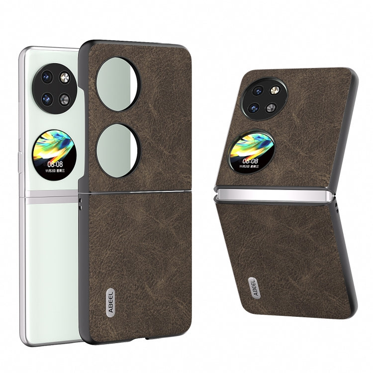 Brown litchi-texture PU phone case with circular cutouts, side hinge view